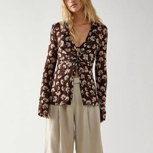 FREE PEOPLE Lucky Shirtee Mesh Sheer Button Front Chocolate Floral S